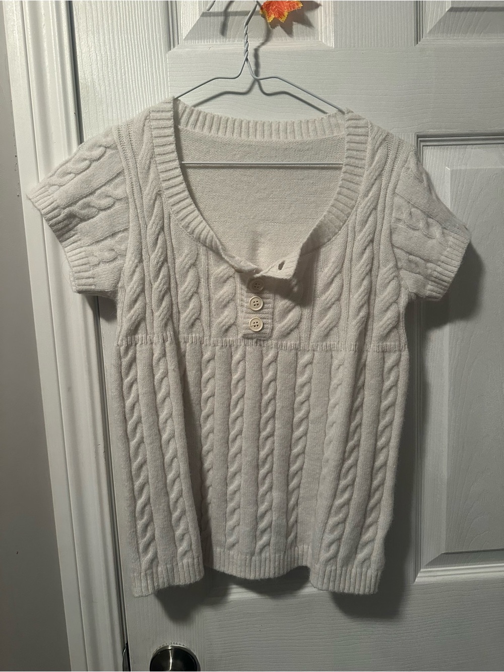 Cream Cable-Knit Short Sleeve Sweater with Button Placket